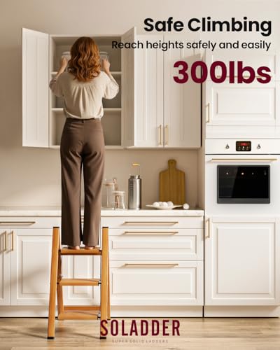 SOLADDER 3 Step Ladder, Folding Aluminum 3 Step Stool with Anti-Slip Wide Sturdy Pedal, Multi-Use for Home and Kitchen, Space Saving-Woodgrain(300 lbs Capacity) - color: Woodgrain, size: 3 Step