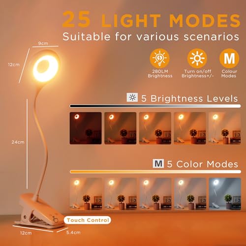 Akynite Desk Lamp LED Clip on Light, 5 Modes 5 Brightness Dimmable Clamp Lamp, Flexible Rechargeable Battery Clip on Reading Light for Bed Headboard Bunk Bed at Night for Kids (White) - color: White