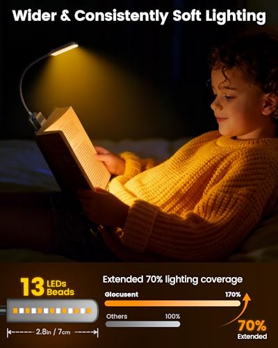 Glocusent 13 LED Reading Lights for Books in Bed, Eye-Caring Rechargeable Book Light 3 Amber Colors & Stepless Dimming, 120 Hrs Runtime, Travel Clip on Reading Lamp, Gifts for Book Lover Men Women Kid - color: Black