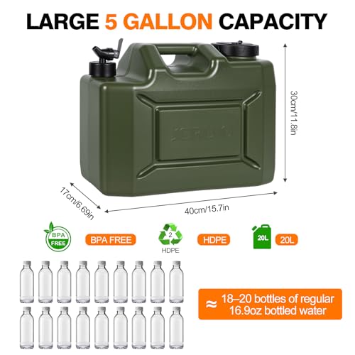 Camping Water Jug, 5 Gallon Water Container with Spigot BPA Free Portable Military Green Emergency Water Tank Outdoor Camping Essentials