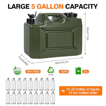 Camping Water Jug, 5 Gallon Water Container with Spigot BPA Free Portable Military Green Emergency Water Tank Outdoor Camping Essentials