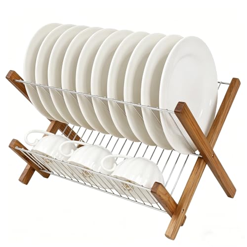 HTB Dish Drying Rack 2 Tier,Collapsible Stainless Steel & Teak Wood Dish Drying Rack,Foldable Dish Drainer for Plates,Cups,Kitchen Counter,Home,Apartment