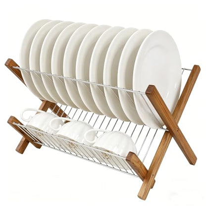 HTB Dish Drying Rack 2 Tier,Collapsible Stainless Steel & Teak Wood Dish Drying Rack,Foldable Dish Drainer for Plates,Cups,Kitchen Counter,Home,Apartment