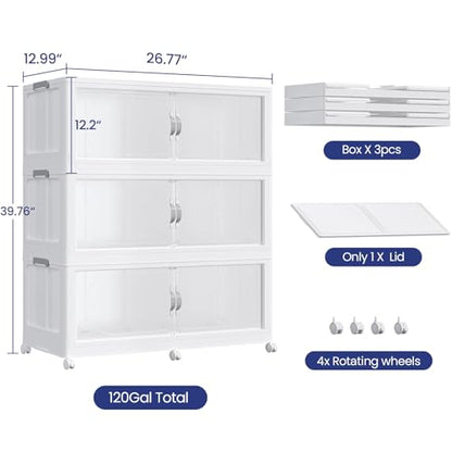 360QT Extra Large Stackable Storage Bins with Lid & Wheels & Doors, 90Gal Foldable Collapsible Closet Organizers, Plastic Cabinet Box Container Drawer for Home Kitchen Bedroom, 3Pack White - style: 3Pack
