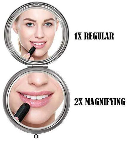 Pocket Mirror, 2 x 1x Magnification Compact Travel Makeup Mirror, Perfect for Purse, Pocket and Travel (Silver) - color: Silver
