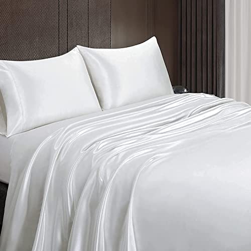 Homiest 3pcs Satin Sheets Set Luxury Silky Satin Bedding Set with Deep Pocket, 1 Fitted Sheet + 1 Flat Sheet + 1 Pillowcase (Twin XL Size, White) - color: White, size: Deep pocket - Twin XL size
