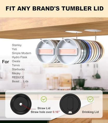 2pc Tumbler Lid Organizer Up to 30 Lids, Cup Lid Hook for Kitchen Inside Cabinets, Upgraded Cup Lid Holders for Yeti/Stanley/Simple Modern Tumblers, Self-Adhesive or Drilling