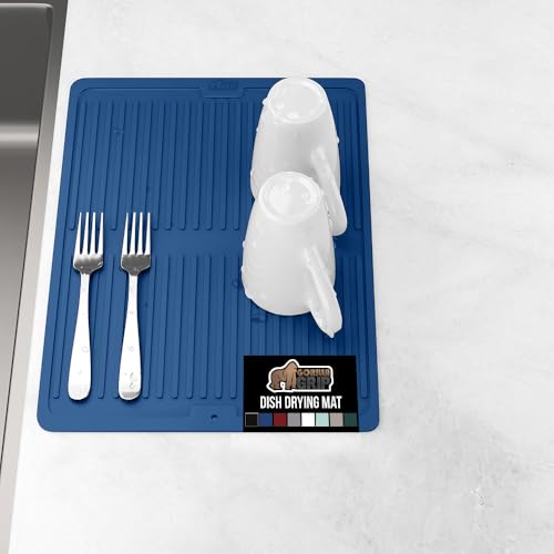 GORILLA GRIP 100% BPA-Free Patented Silicone Dish Drying Mat for Kitchen Counter, Water Catching Ribbed Design, Easy Clean Waterproof Sink Liner, Heat Resistant, Fits Under Rack, 11x13 Inch, Blue - color: Blue, size: 13" X 11", style: Silicone