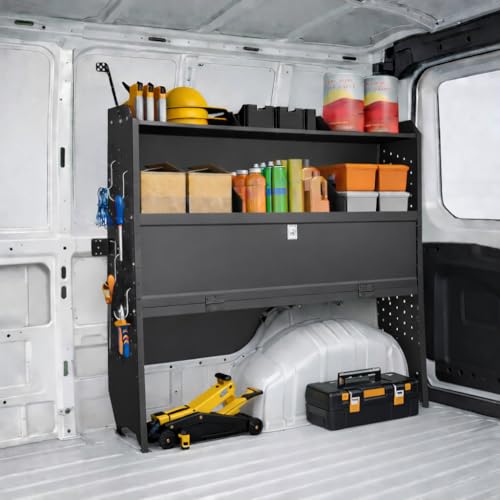 Adjustable Cargo Van Shelving with Lockable Door and Hooks, Heavy Duty Steel Storage 52" W x 46" H x 13" D, Fits Transit, ProMaster, Chevy Express, GMC Savana, Sprinter, Low/Mid/High Roof - size: 52" W x 46" H x 13" D