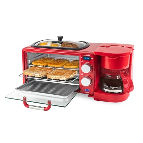 Nostalgia 3-in-1 Retro Breakfast Station - Includes 5 (4 Oz) Cup Coffee Maker, Non-Stick Ceramic Griddle, and 4-Slice Toaster Oven - Built-In Timer, Reusable Coffee Filter, Space-Saving Design - Red - color: Red, style: Modern Retro