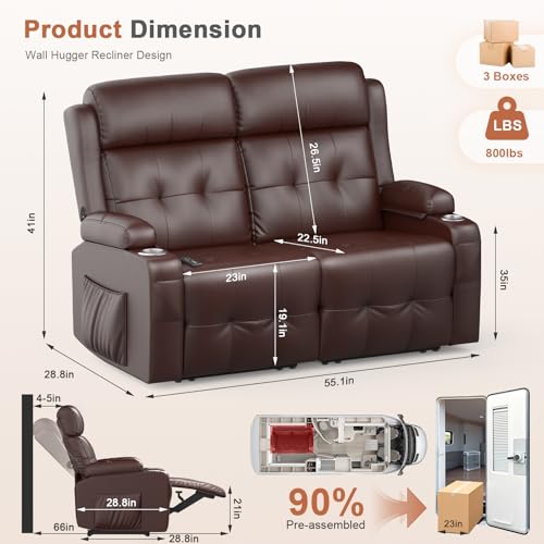RV Loveseat Recliner Sofa, Wall Hugger Massage Reclining RV Couch with USB, Insert Pockets, Cup Holders, 150° RV Recliners Sleeper Sofas for RV Furniture & Travel Trailers & Home Theater Seating - color: Brown, size: Loveseat-G1