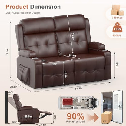 RV Loveseat Recliner Sofa, Wall Hugger Massage Reclining RV Couch with USB, Insert Pockets, Cup Holders, 150° RV Recliners Sleeper Sofas for RV Furniture & Travel Trailers & Home Theater Seating - color: Brown, size: Loveseat-G1