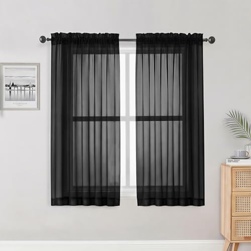 OWENIE Sheer Curtains, Black Sheer Curtains 50 Inch Length 2 Panels Set, Rod Pocket Voile Fimly Sheer Drapes for Living Room Bedroom, 2pcs, Black, Each 42" W x 50" L - color: Black, size: 42"W x 50"L (Pack of 2)