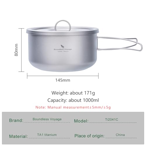 Boundless Voyage Titanium Pot Multifunctional Cooker Ultralight Camping Pot with Handle & Lid Outdoor Open Fire Cookware for Backpacking, Hiking, Bushcraft Cooking Ti2041C