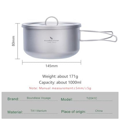 Boundless Voyage Titanium Pot Multifunctional Cooker Ultralight Camping Pot with Handle & Lid Outdoor Open Fire Cookware for Backpacking, Hiking, Bushcraft Cooking Ti2041C