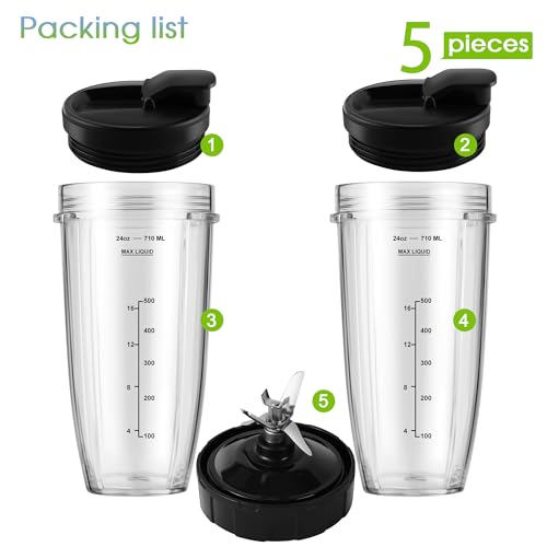 MEET JUICE 7-Fin Blender Replacement Parts for Ninja BL480 BL640 BL642 – 24oz Cup with Lid and Blade, Fits 7-Fin Drive Systems Only