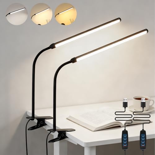 2 Pack LED Desk Lamp with Clamp,Eye-Friendly Clip on Lights for Home Office Study Reading,3 Modes 10 Brightness,Long Flexible Goose-Neck,Swing Arm Architect Task Table Lamps USB Usage - color: Black, size: 12.2inch/2 pack