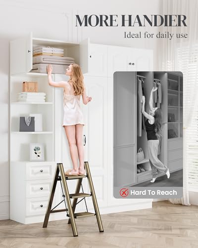3 Step Ladder, Folding Step Stool with Wider Pedal, Anti-Slip Feet & Non Slip Stripes, Aluminum Sturdy Material, 300Lbs Capacity, Elegant Look of Champagne Gold Better Matches Your Home - color: Champagne Gold, size: 3 Step