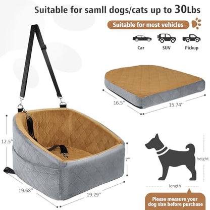 NEEZUKAR Dog Car Seat for Small Medium Dogs,Detachable Washable Dog Booster Seat Under 30lbs, Pet Car Seat Travel Bed with Storage Pockets and Dog Safety Belt(Grey/Brown) - color: Grey/brown