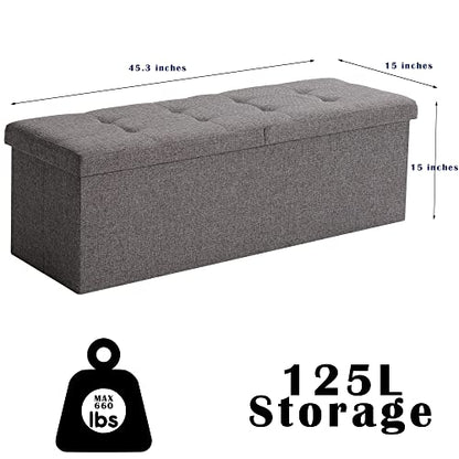 45.3 Inches Foldable Seat Footrest Shoe Bench End of Bed Storage with Flipping Lid, 166L Upholstered Tufted Bench, Linen Fabric Grey - color: Light Grey, size: 45.3" Flip