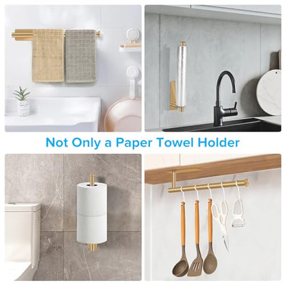 2nd Gen Paper Towel Holder Under Cabinet No Drilling, [More Sturdy] Self Adhesive or Drilling Paper Towel Holder Wall Mount for Kitchen, RV, [Fit Mega Paper Towel Roll] SUS304 Stainless Steel - color: Gold