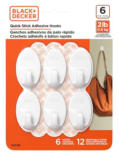 Black+Decker Solid Wall Hooks, Quick Stick Adhesive, Removeable, 6 Wall Hooks, 12 Adhesive Strips, Hang Decorations Without Damaging Walls, up to 2 lbs., White - size: 6 Oval Hooks