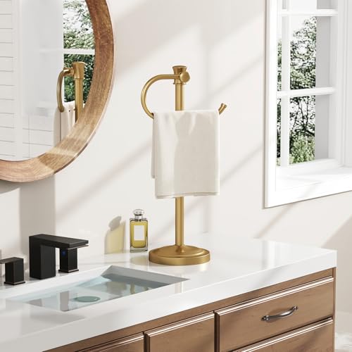 BESy 17 Inch Brushed Gold Stand Towel Bar Hanger Hand Towel Bar Bathroom Vanity Countertop Towel Holder Free Standing Stainless Steel Towel Ring Hardware Accessories Towel Rack - color: Brushed Gold