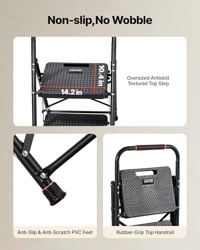 VEVOR 2 Step Ladder, Folding Step Stool with Wide Anti-Slip Pedal and Comfort Handgrip, Lightweight 600 lbs Capacity Portable Steel Ladder, Multi-Use for Kitchen, Home, Household and Office, Black - size: 18.3x20.5x30.3in/465x520x770mm(Expanded)