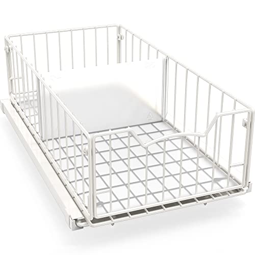 Simple Houseware Pull-Out Cabinet Sliding Basket Organizer, 17.2" D x 9.7" W x 5" H – White, Ideal for Kitchen and Bathroom Cabinet Storage, Under Sink or Pantry Organization - color: White