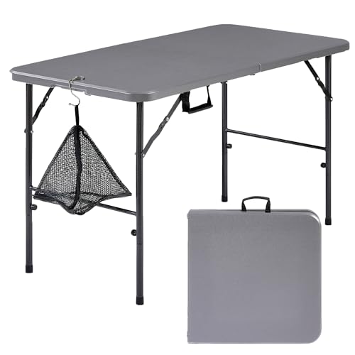 VECELO Folding Table 4 Foot with Mesh Bag, Indoor Outdoor Heavy-Duty Portable w/Handle,Fold-in-Half for Picnic, Party, Camping, Light Grey - color: Light Grey, size: 47.2 in Rectangular Folding Table