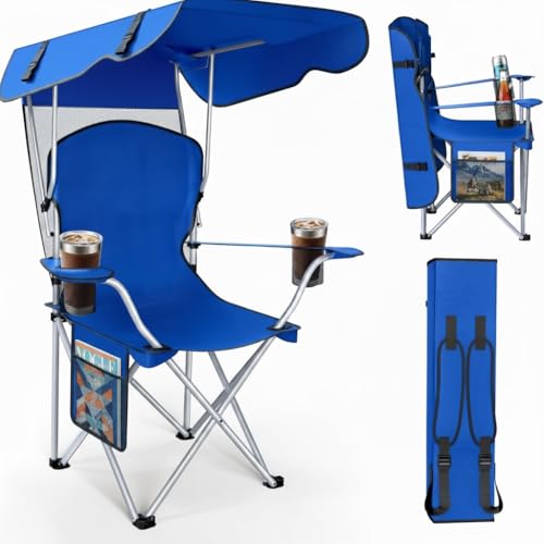 Portable Folding Camping Chairs with Canopy Shade, Beach Chair for Adults, Durable Weather Resistant 600D Oxford Cloth, Camping Chair with Canopy for Outdoors [Blue] - color: Upgraded -Blue