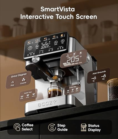ecozy 4-in-1 Espresso Machine and Coffee Maker Combo with Milk Frother, All in One with Cold Brew & Over Ice, Interactive Touch Screen, Brezzano Elite Series for Cappuccinos, Lattes, Americanos - color: Silver