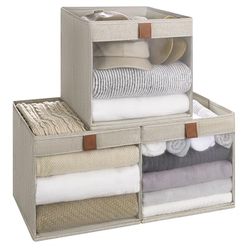 StorageWorks 11x11 Storage Cubes, Closet Storage Bins with Clear Window, Fabric Organizer for Clothes, Collapsible Storage Baskets with PU Handles, Brown and Beige, 3-Pack - color: Brown and Beige, size: 11"L x 11"W x 11"H