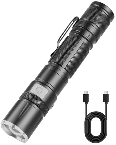 DT009 LED Flashlight Rechargeable, 1500 High Lumens Flash Light, Tactical Flashlight IP68 Waterproof with 5 Mode, EDC Handheld Flashlight for Hiking, Camping, Emergency(Battery Included)