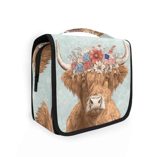 Vintage Highland Cow Print Hanging Toiletry Makeup Bag Travel Organizers Toiletries Cosmetics Bag for Women Men - color: Vintage Highland Cow
