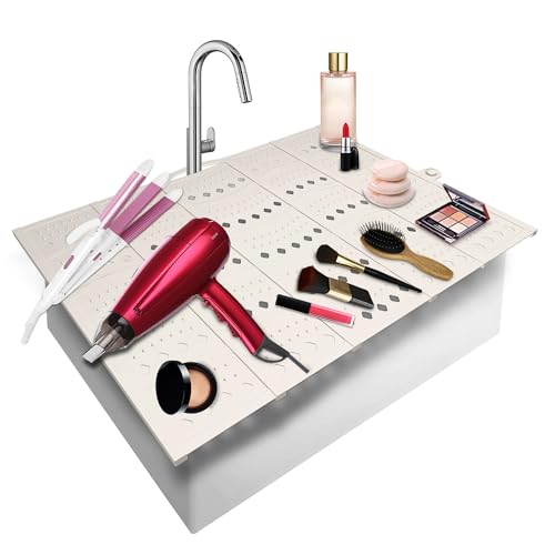 Mofason Bathroom Sink Top Cover Space Saver,Silicone Makeup Organizer Mat for Over Countertop,Small Bathroom Must Haves Accessories Rv Camper Travel Foldable Gadgets-Pearl - color: Pearl, size: 20.2 x15.8 inch