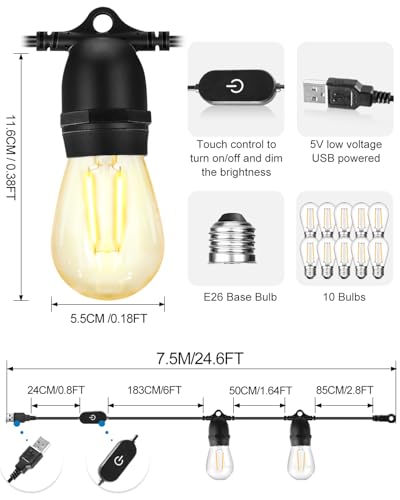 BRIMAX 24.6Ft USB Powered String Lights,10 LED Bulbs Waterproof & Shatterproof Outdoor Camping String Light Dimmable Brightness with Swith for Tents,Patio,Backyard and Holidays,2700K Warm White - style: USB 24FT 10 lights
