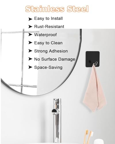 Adhesive Towel Hooks for Bathrooms, 8 Piece Towel Hooks for Hanging Hat Robe Coat, Stick on Hooks for Kitchens, Strong Self-Adhesive No Damage Sticky Hook, Black - style: S-Black-45°