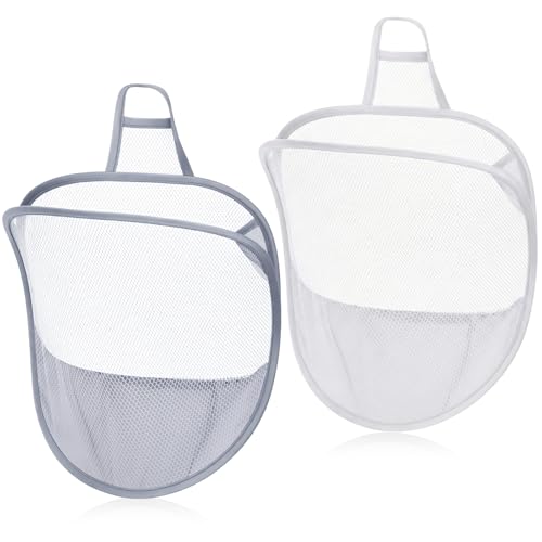 2 Pack Mesh Foldable Hanging Laundry Hamper, Small Wall Laundry Baskets Space-Saving Wall Hamper Portable Dirty Clothes Organizer for Home, Dorms, Hotels, RVs Grey White