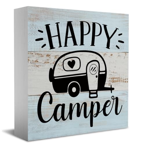 Funny Camping Gifts Desk Decor Wooden Box Sign Camping Camper Accessories Decor Rustic Wood Block Plaque Box Sign for Camper Home Farmhouse Camper RV Van Shelf Table Decoration Happy Camper Sign - color: Multi648