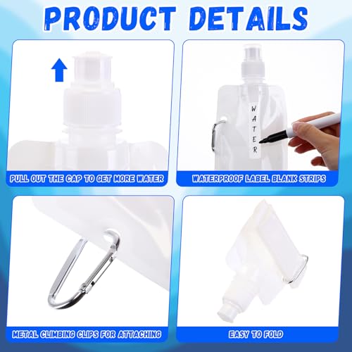 Teenyyou 24 Pack Collapsible Water Bottles Bulk 16oz Foldable Water Bottles with Carabiner Reusable Drinking Leak Proof Container Bags for Sport Biking Hiking Camping Travel Outdoor (White) - color: White