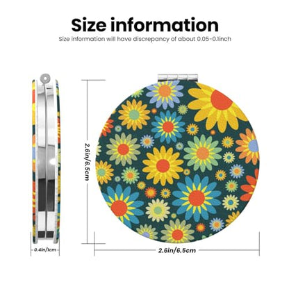 Abstract Hippie Flower Print Foldable Travel Pocket Mirror Round PU Leather Portable Mini Makeup Double Sided Handheld Magnifying,2.6 in - color: Abstract Hippie Flower