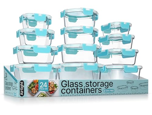 Bakken Borosilicate Glass Food Storage Containers with Lids 24 Pieces, BPA-Free Stackable Lunch & Leftover Containers, Microwave, Freezer & Dishwasher Safe, 100% Airtight Leak-Proof, Aqua - color: Aqua