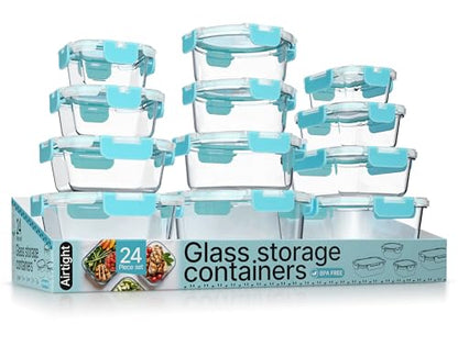 Bakken Borosilicate Glass Food Storage Containers with Lids 24 Pieces, BPA-Free Stackable Lunch & Leftover Containers, Microwave, Freezer & Dishwasher Safe, 100% Airtight Leak-Proof, Aqua - color: Aqua