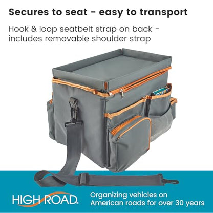 High Road CarHop Front Seat Car Organizer with Car Cup Holder, Passenger Seat Tray and Padded Filing or Cooler Compartment with Side Pocket Storage, Gray - color: Gray