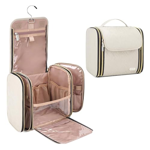 Hanging Toiletry Bag & Makeup Bag for Women with Jewelry Organizer - TSA Approved Large Capacity Travel Cosmetic Organizer, Waterproof Shower Essentials Case with Transparent Pockets, Beige - color: Beige, style: Minimalist