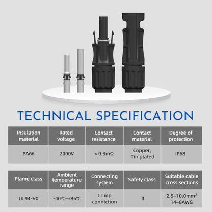8AWG Solar Connectors IP68 Waterproof 2000V 70A Solid Tinned Copper Terminal Black 5 Pairs for Solar PV Panel Cable(6mm²) - size: 2000V 8AWG Solar Connectors