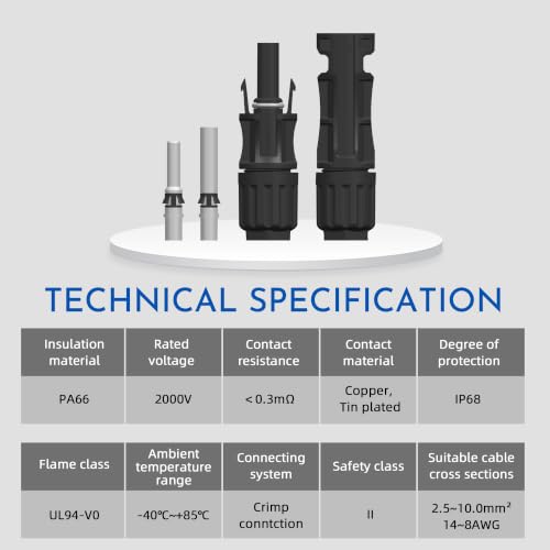 10AWG Solar Connectors IP68 Waterproof 2000V 50A Solid Tinned Copper Terminal Black 5 Pairs for Solar PV Panel Cable(6mm²) - size: 2000V 10AWG Solar Connectors