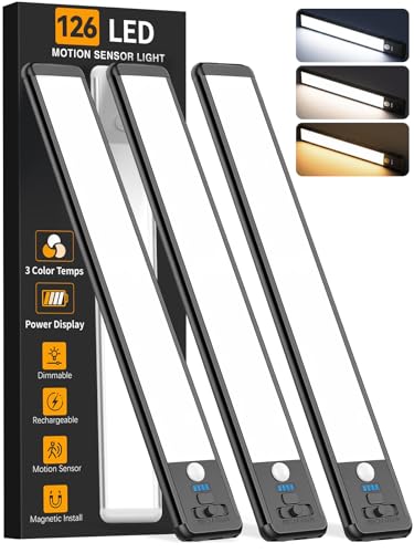 Under Cabinet Lighting Wireless, 15inch Rechargeable Motion Sensor Light Indoor, 3 Color Closet Light Battery Operated with LED Power Display, Magnetic Under Counter Lights for Kitchen (3Pack-Black) - color: Black, size: 15inch-3pack