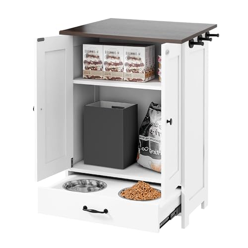 Pet Feeding Station, Dog Feeding Station, Dog Food Storage Cabinet, Pet Food Toy Organiser with 2 Elevated Bowls and Hook for Feeding and Drinking, White - size: Wood White